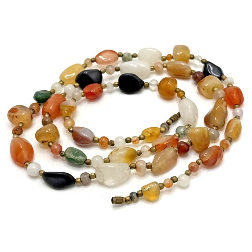 Vintage Semi Precious Stone Bead Necklace Quartz Agates Multicolor 36" Boho - Picture 4 of 9